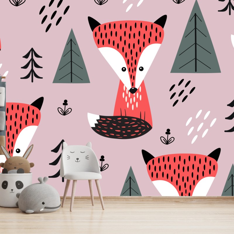 Wall mural playful fox forest pattern