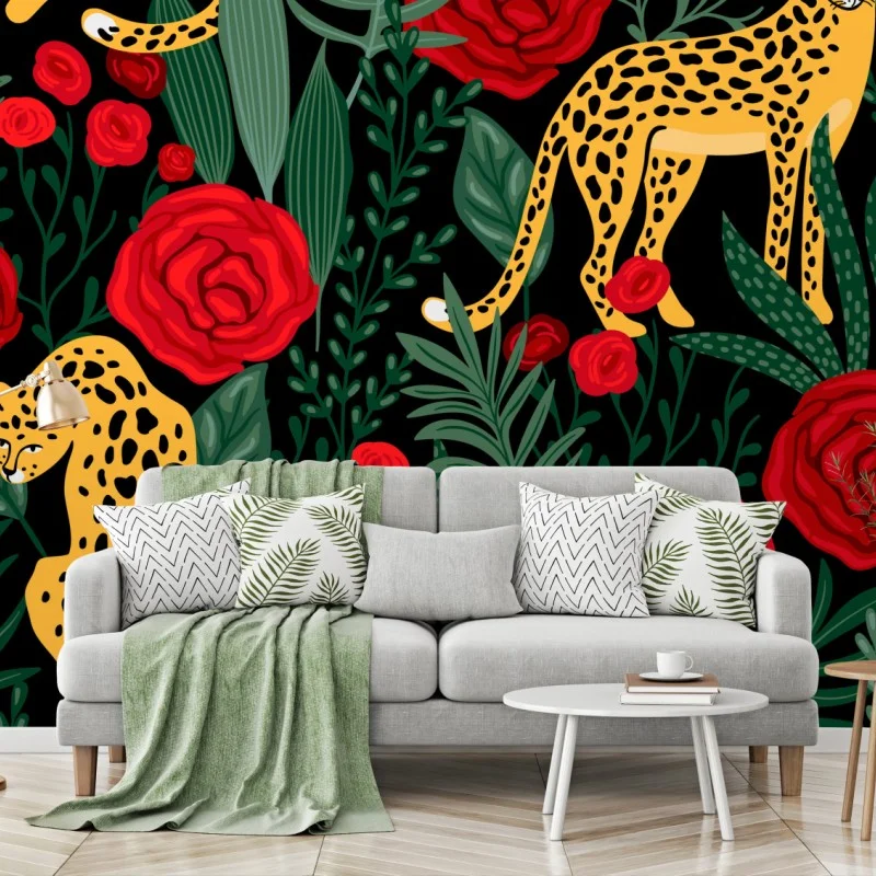 Wall mural exotic leopard and rose pattern