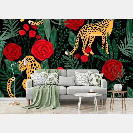 Wall mural exotic leopard and rose pattern • Wallissimo®