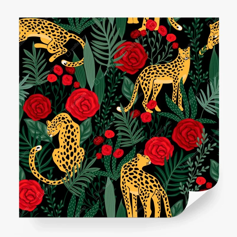 Wall mural exotic leopard and rose pattern