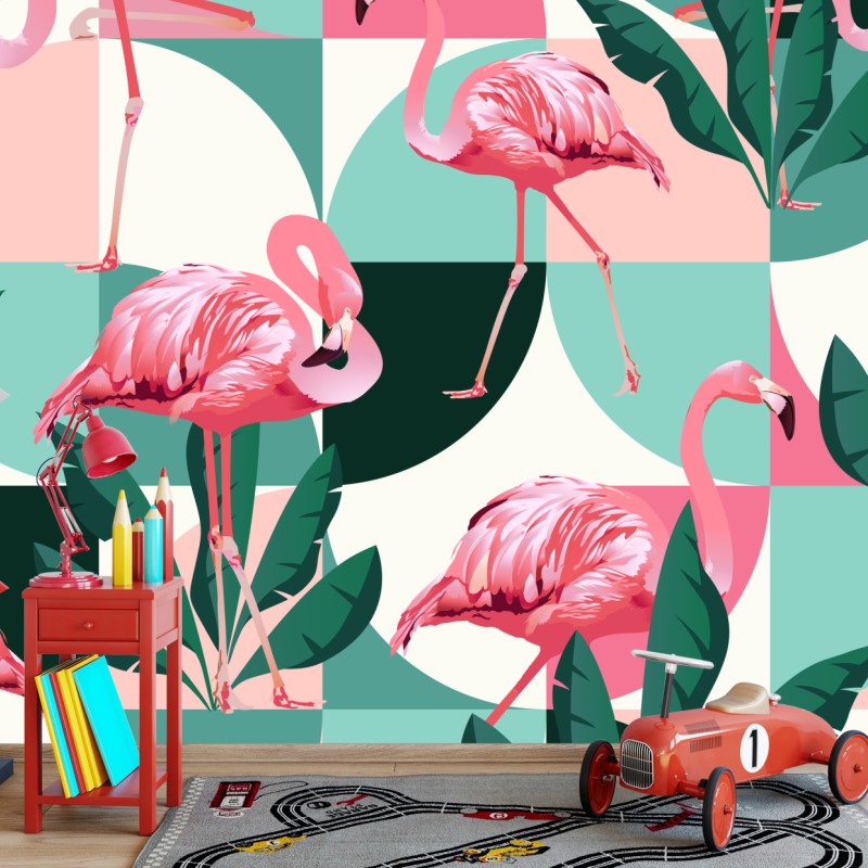 Wall mural playful pink flamingo pattern
