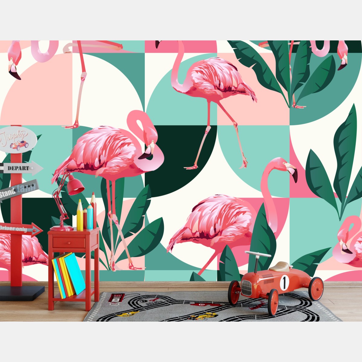 Wall mural playful pink flamingo pattern • Wallissimo®