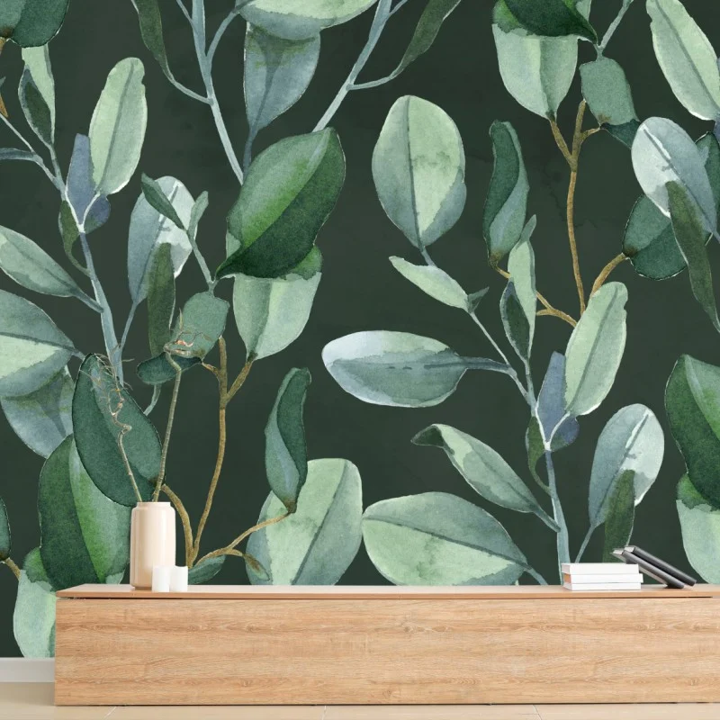 Wall mural eucalyptus leaves watercolor pattern on dark green