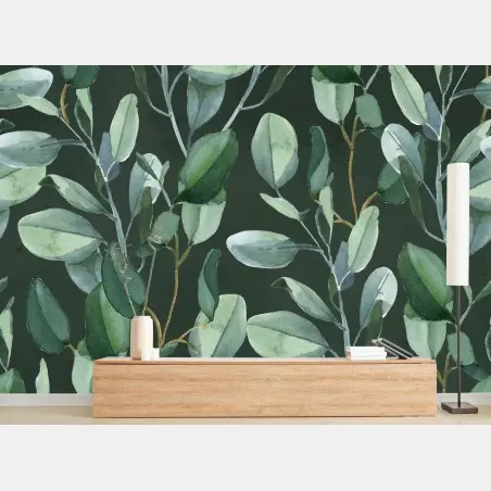 Wall mural eucalyptus leaves watercolor pattern on dark green • Wallissimo®