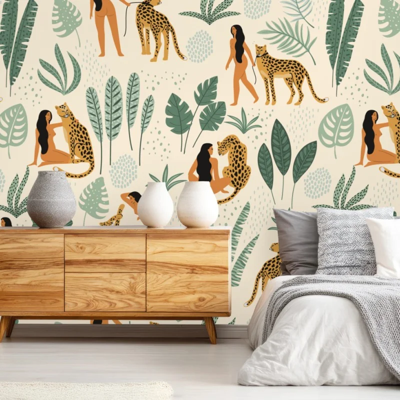 Wall mural wild jungle pattern with leopards and leaves