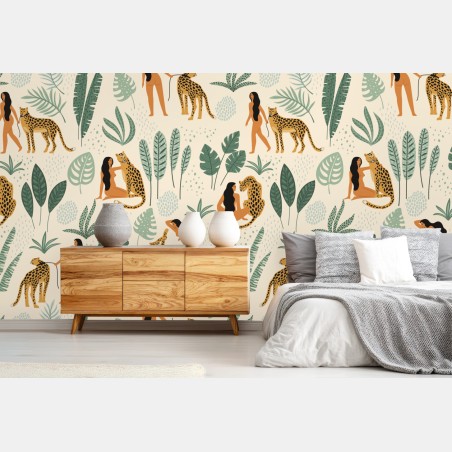 Wall mural wild jungle pattern with leopards and leaves • Wallissimo®