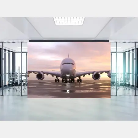 Wall mural front view jet on runway at sunset • Wallissimo®
