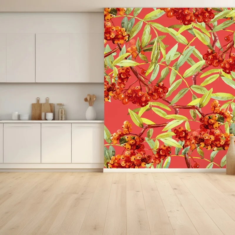Wall mural watercolor rowan berries pattern