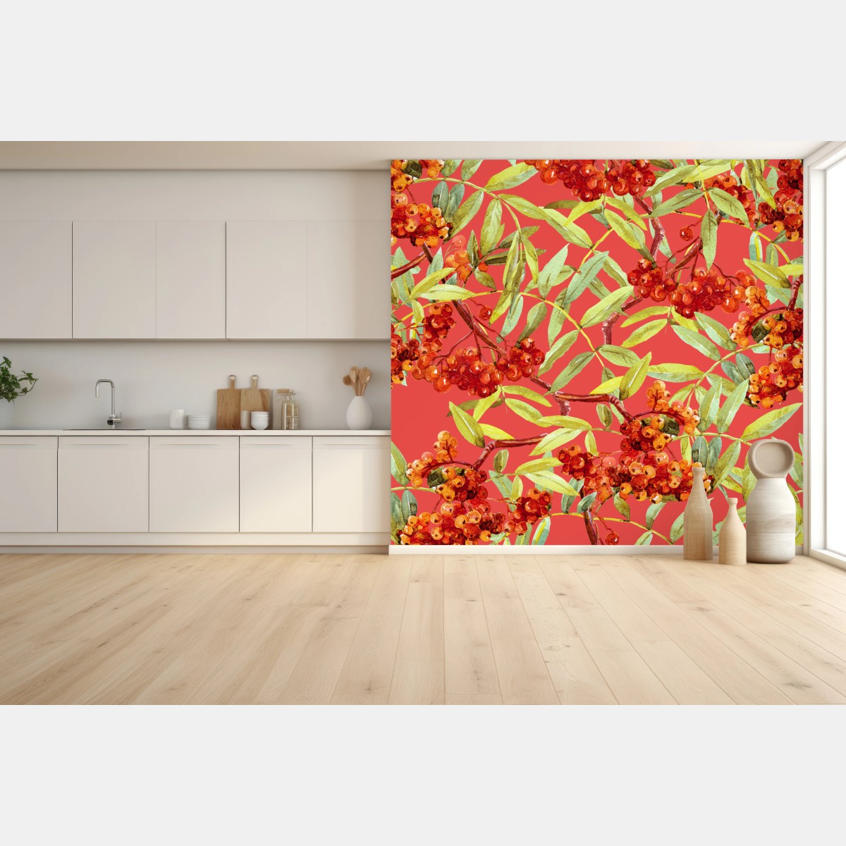 Wall mural watercolor rowan berries pattern • Wallissimo®