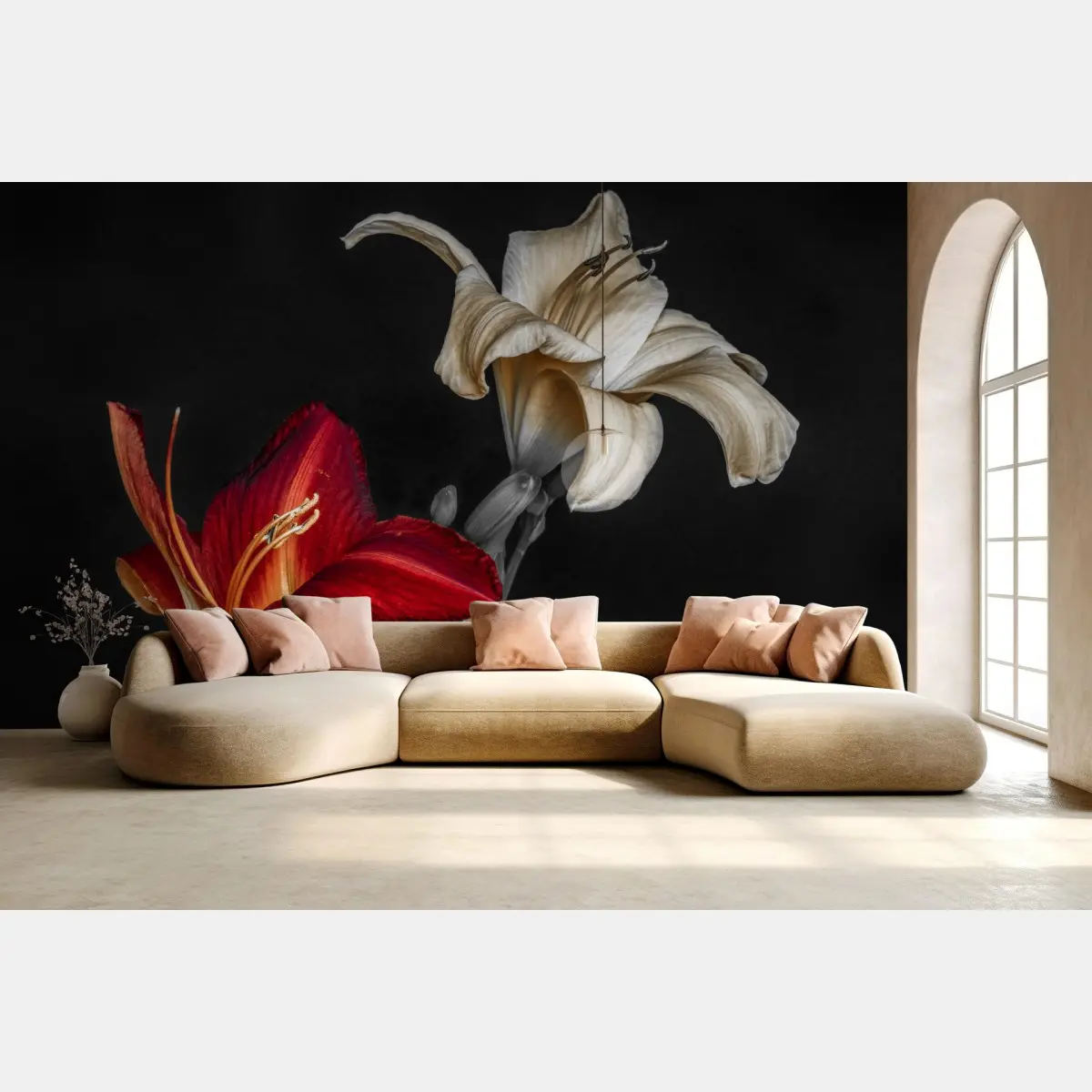 Wall mural dramatic red and ivory lilies on black background • Wallissimo®