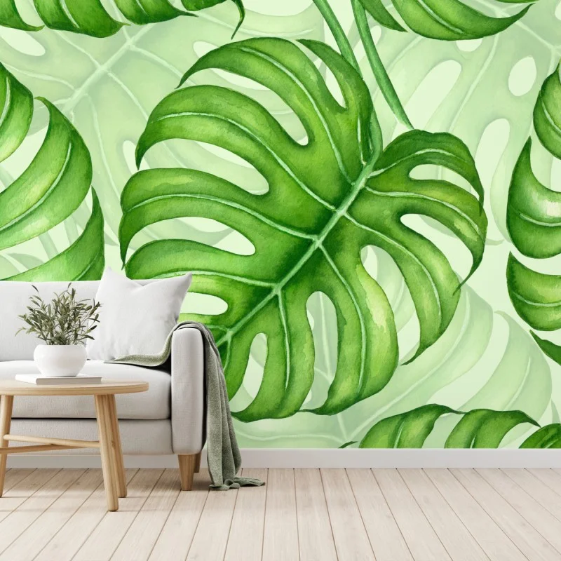 Wall mural watercolor monstera leaf pattern