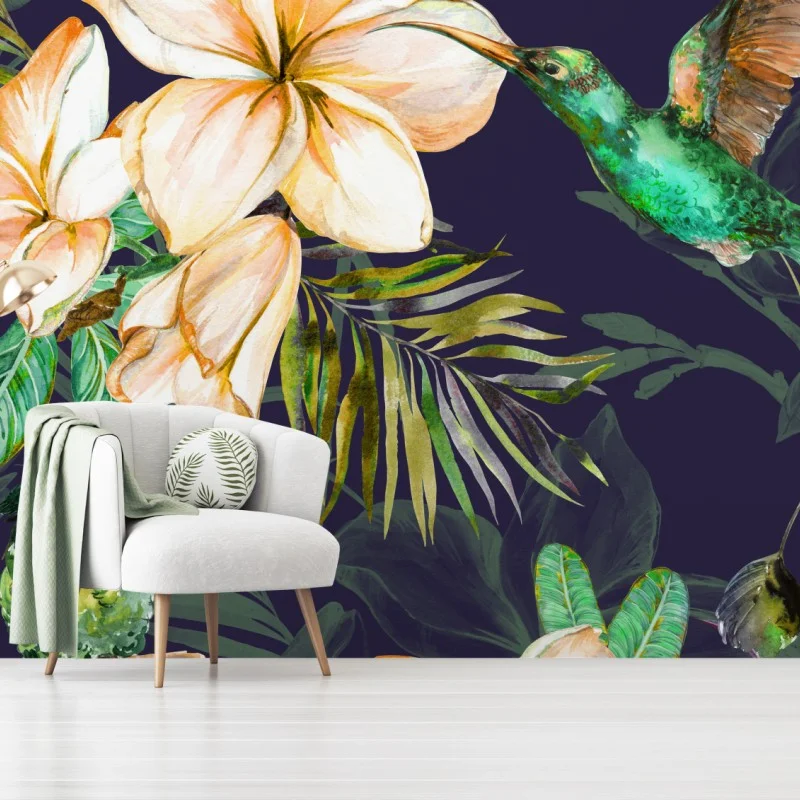 Wall mural tropical hummingbirds and plumeria watercolor pattern