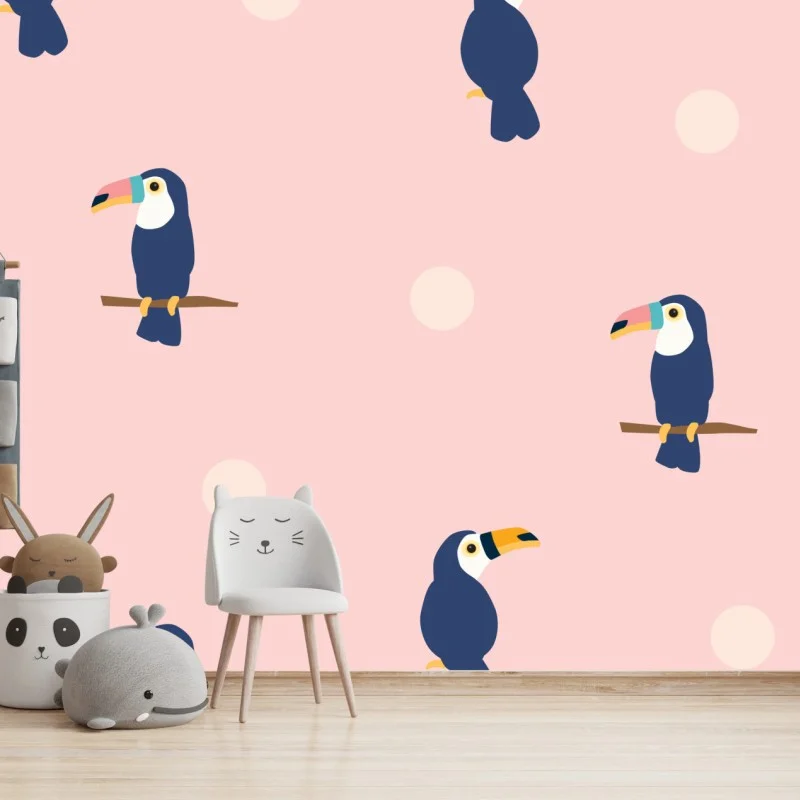 Wall mural playful toucan pattern on pastel pink