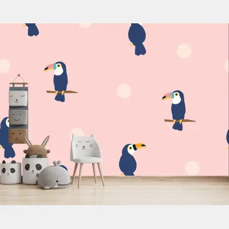 Wall mural playful toucan pattern on pastel pink • Wallissimo®