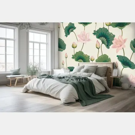 Wall mural serene lotus botanical pattern • Wallissimo®
