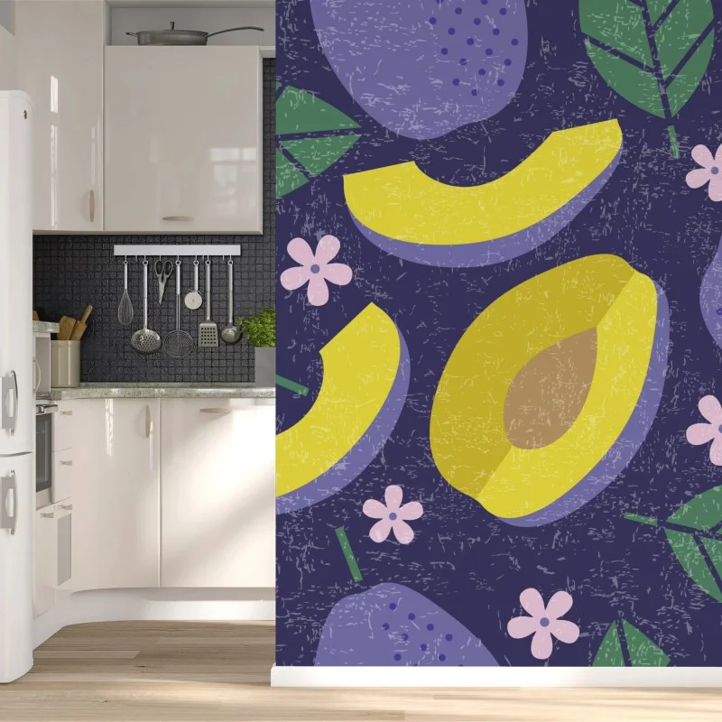 Wall mural playful plum and leaf pattern