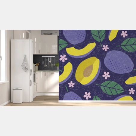 Wall mural playful plum and leaf pattern • Wallissimo®