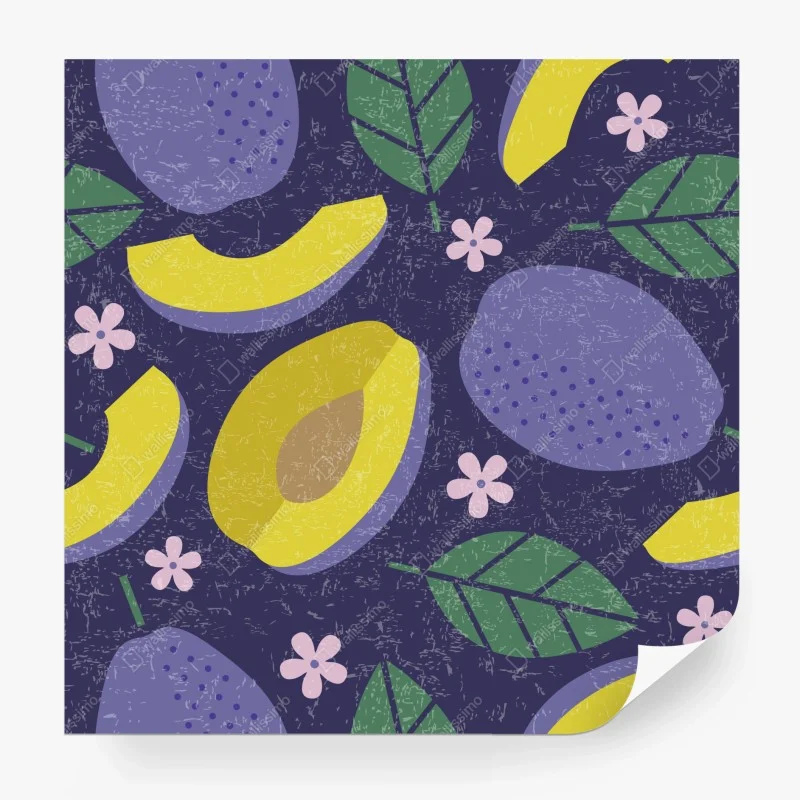 Wall mural playful plum and leaf pattern