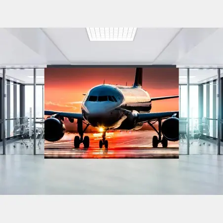 Wall mural sunset jet on runway • Wallissimo®