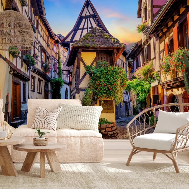 Wall mural charming half-timbered street in Eguisheim, Alsace