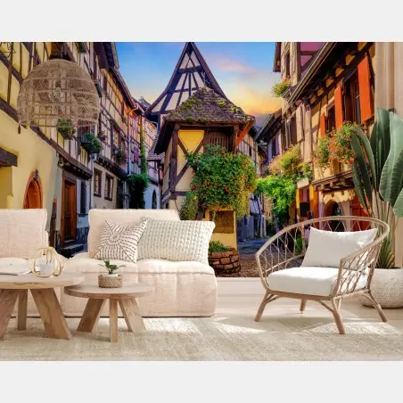 Wall mural charming half-timbered street in Eguisheim, Alsace • Wallissimo®