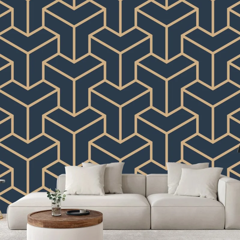 Wall mural navy geometric cube pattern