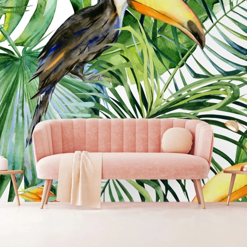 Wall mural watercolor tropical toucan pattern