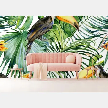 Wall mural watercolor tropical toucan pattern • Wallissimo®
