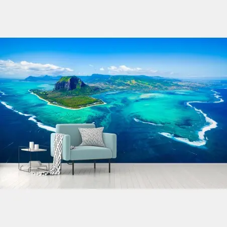 Wall mural Le Morne panorama over Mauritius lagoon • Wallissimo®