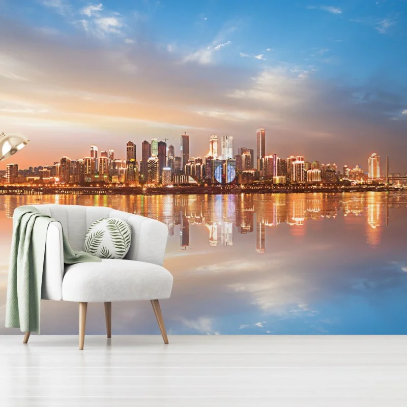 Wall mural city skyline reflected at dusk