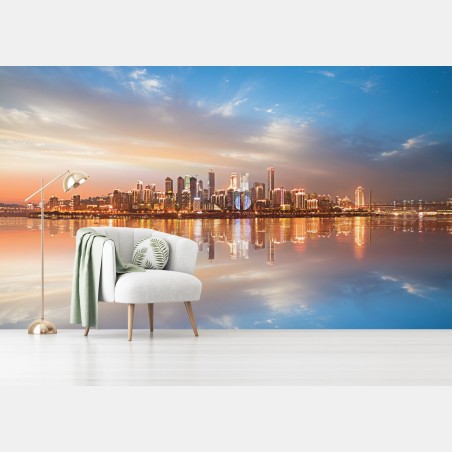 Wall mural city skyline reflected at dusk • Wallissimo®
