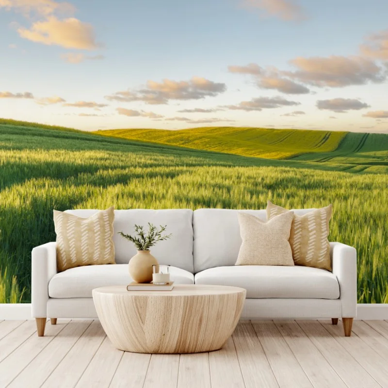 Wall mural serene green meadow panorama