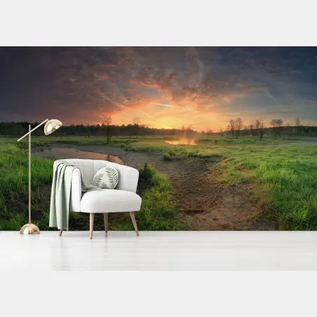 Wall mural sunset over a peaceful meadow • Wallissimo®