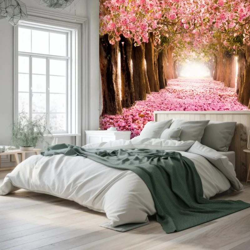 Wall mural pink blossom pathway under cherry trees
