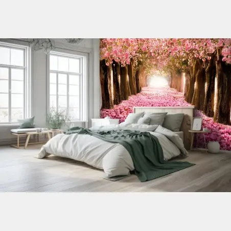 Wall mural pink blossom pathway under cherry trees • Wallissimo®