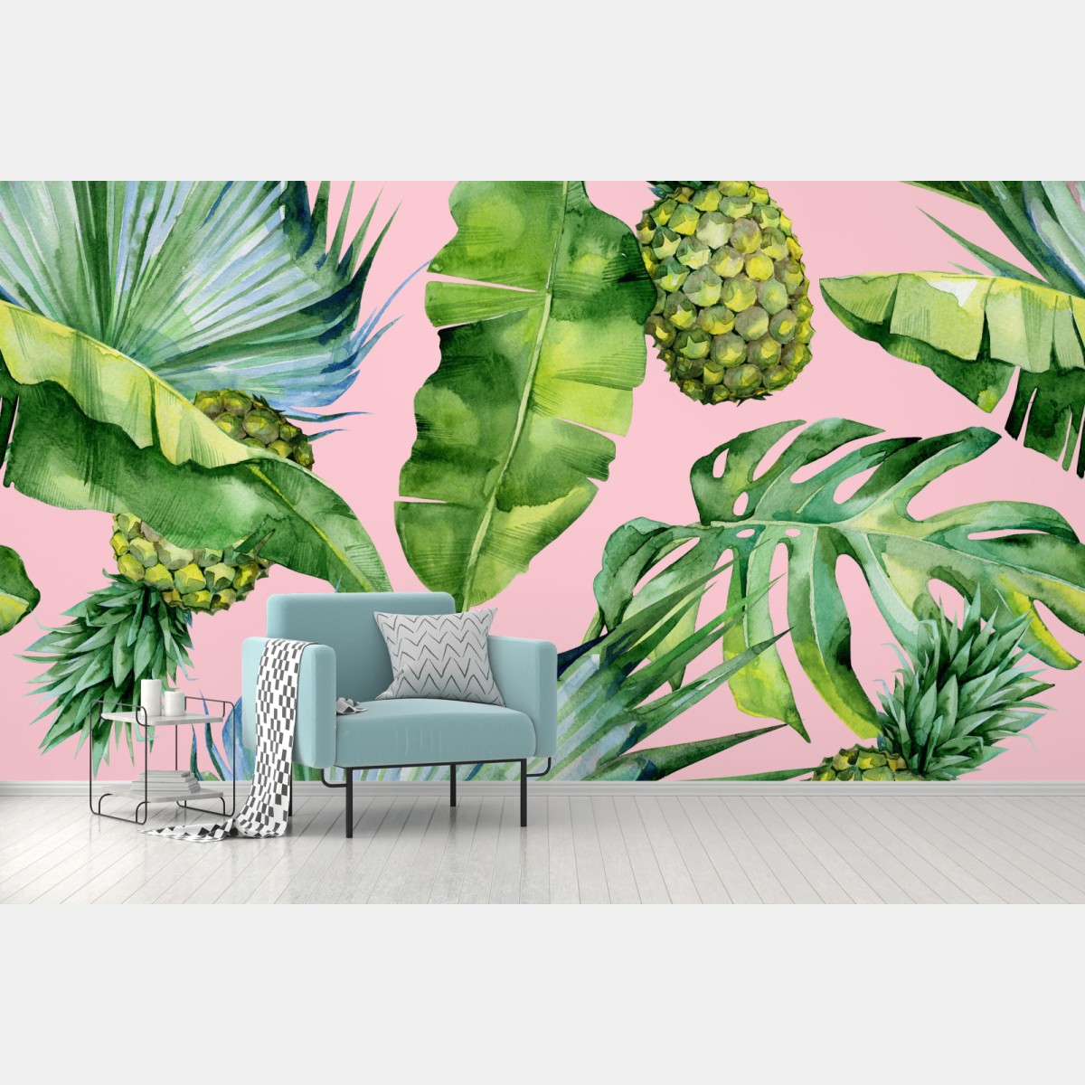 Wall mural tropical pineapple watercolor pattern on pink • Wallissimo®