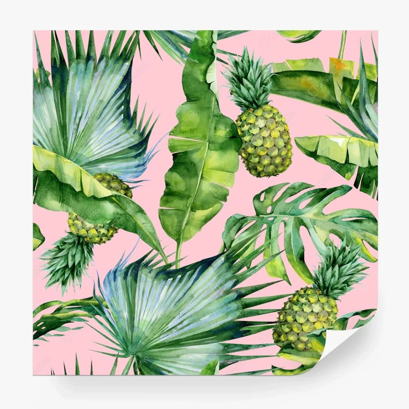Wall mural tropical pineapple watercolor pattern on pink
