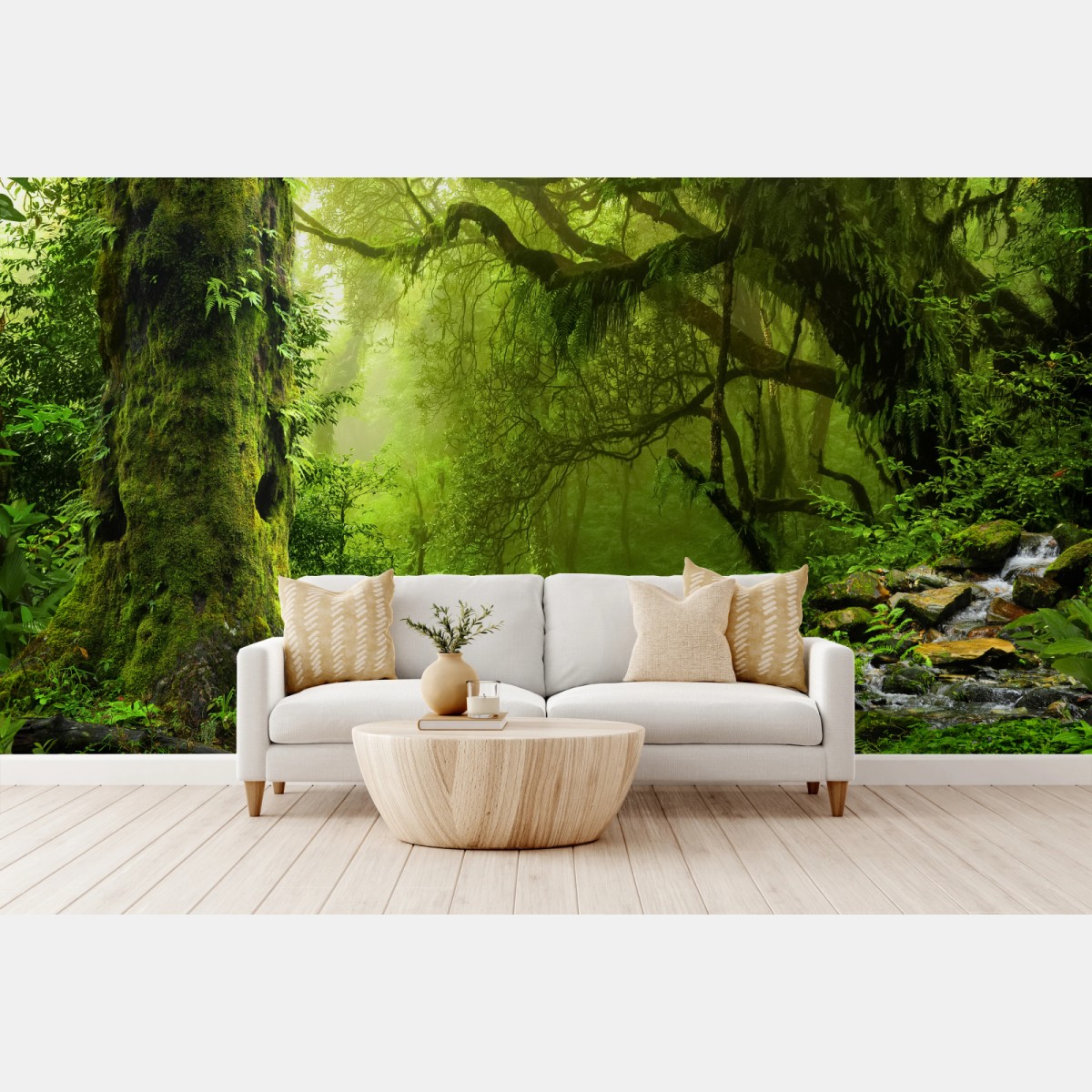 Wall mural enchanted green forest stream • Wallissimo®