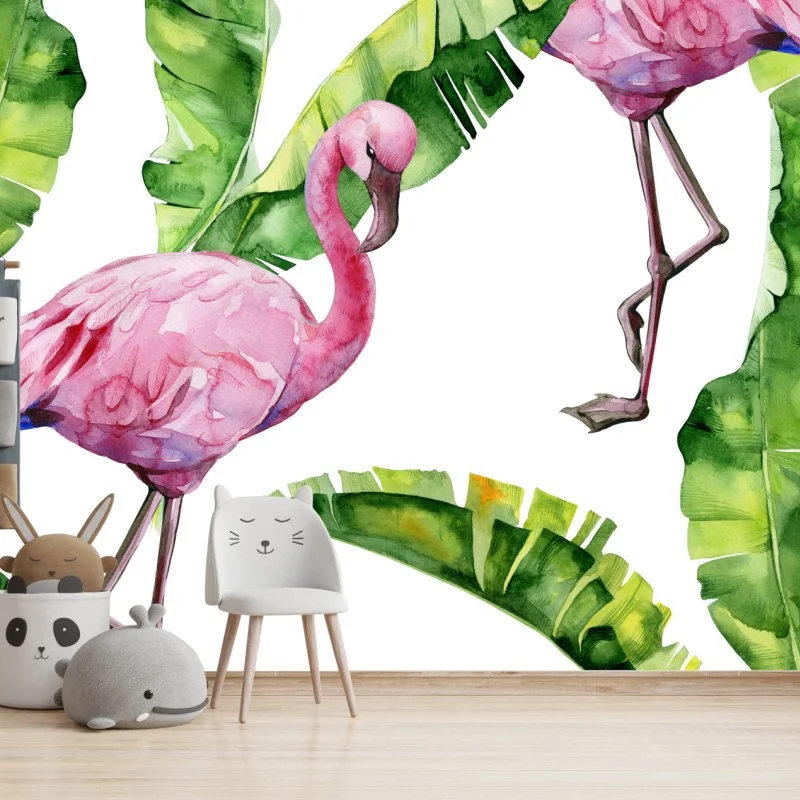 Wall mural pink flamingo watercolor pattern
