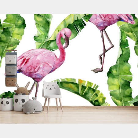 Wall mural pink flamingo watercolor pattern • Wallissimo®