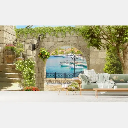 Wall mural Mediterranean seaside archway escape • Wallissimo®