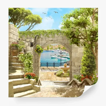 Wall mural Mediterranean seaside archway escape • Wallissimo®