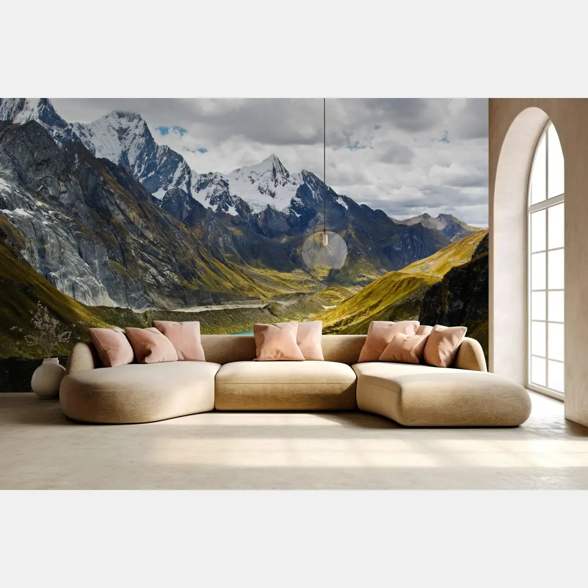 Wall mural turquoise alpine lake beneath snowy peaks • Wallissimo®