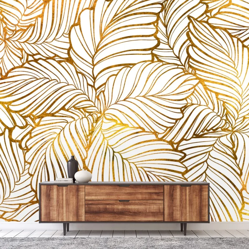 Wall mural golden leaf line art pattern