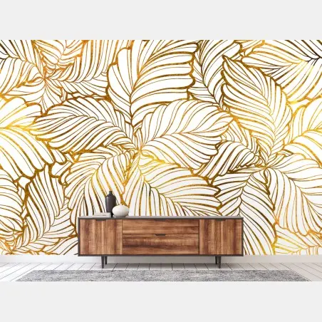 Wall mural golden leaf line art pattern • Wallissimo®