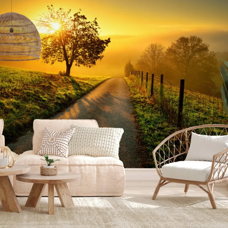 Wall mural sunlit countryside path at sunrise