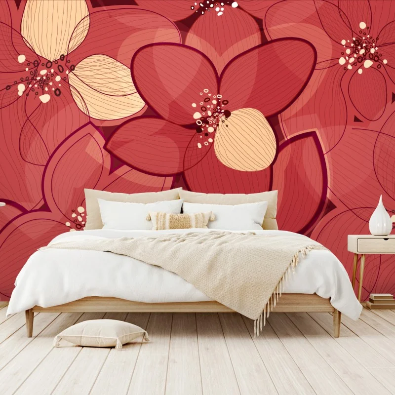 Wall mural red floral pattern with beige centers