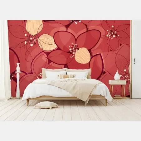 Wall mural red floral pattern with beige centers • Wallissimo®