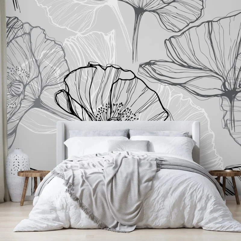 Wall mural delicate gray poppy line art