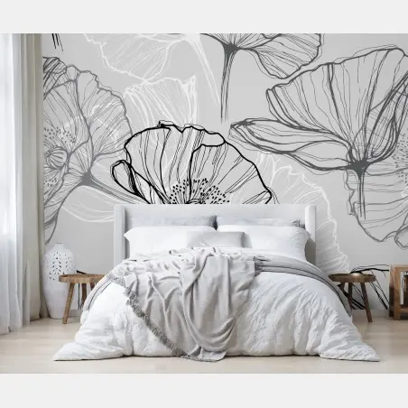 Wall mural delicate gray poppy line art • Wallissimo®